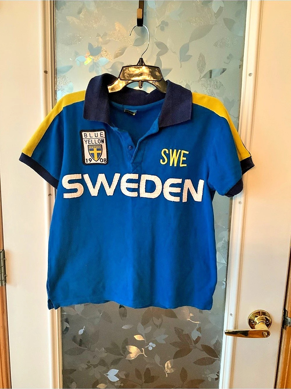 Sweden Polo Shirt sport shirt short sleeve 38chest Small 100cotton blue yellow
